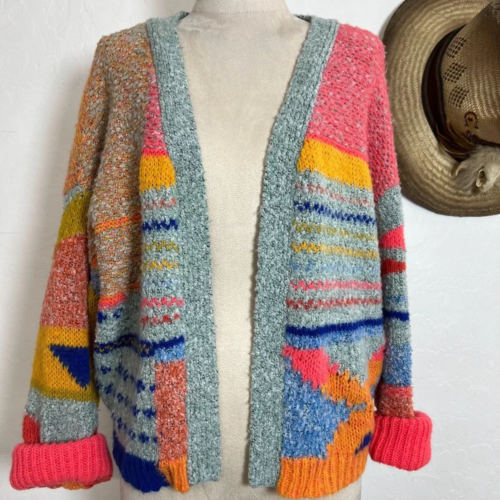 Sincerely Jules Multicolor Patchwork Cardigan Sweater Small S Boho Knit Boucle